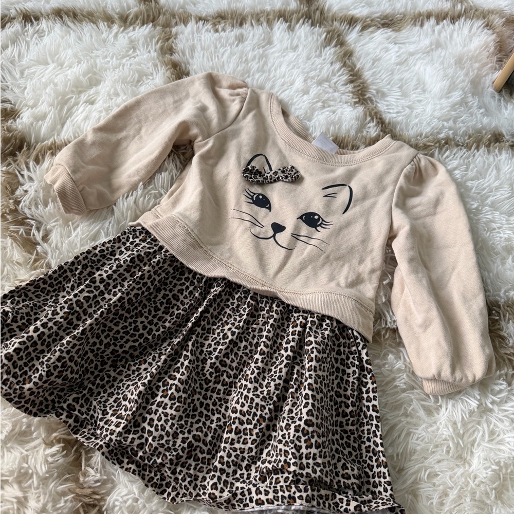 Beige Cat Face Sweatshirt Dress with Leopard Skirt - Kids